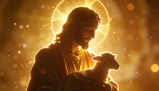 Cradling lamb: compassionate christ shepherd holding lamb with radiant golden halo aura