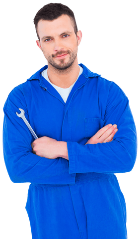 confident mechanic in blue overalls holding spanner on transparent background - Download Free Stock Videos Pikwizard.com