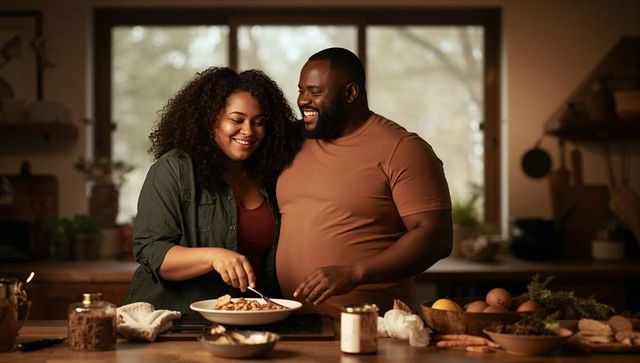 Couple cooking together in cozy kitchen stirring ceramic bowl and sharing warm intimate moments
