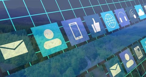 Holographic ui ribbon floating over forest displaying social media and communication icons