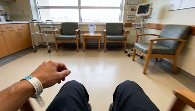 Patient sitting in clinic showing hospital wristband and walker in sterile waiting area