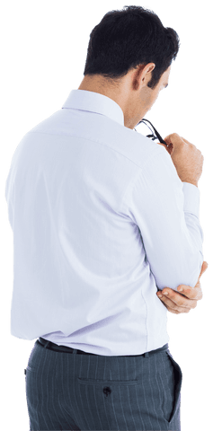 Pensive Biracial Man Holding Glasses on Transparent Background