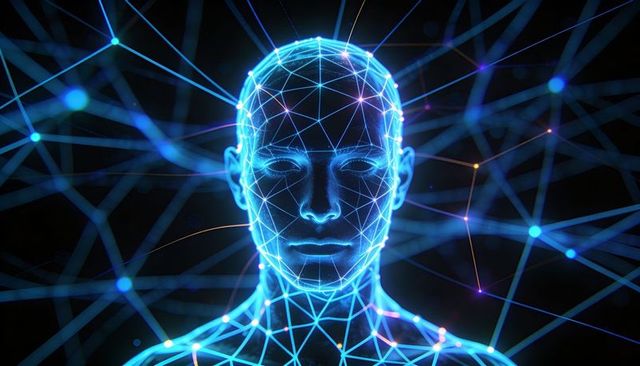 Glowing Wireframe Human Head and Torso Projecting Neural Network Connections in Cyberspace