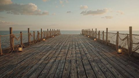 Rugged wooden dock overlooking calm sea at louisiana sunset
