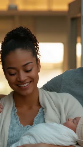 Mother adjusting blanket around newborn while father leaning in, backlit morning tenderness