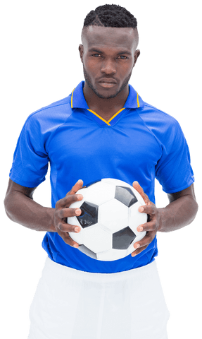 Serious african american football player holding ball on transparent background
