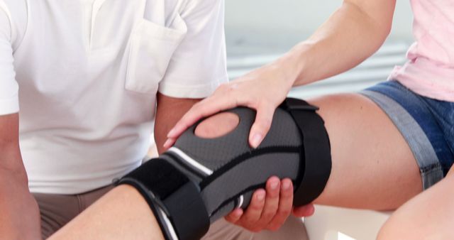 A therapist is evaluating a patient's knee while wearing a brace. The patient is likely receiving treatment following a leg injury, and the focus is on rehabilitation and recovery. This image is suitable for use in healthcare websites, physical therapy promotional materials, or educational content on injury recovery.