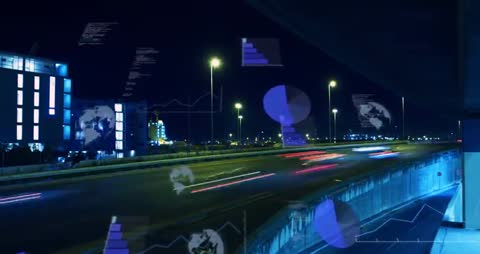 Night highway traffic streaming past with neon light trails and floating data overlays