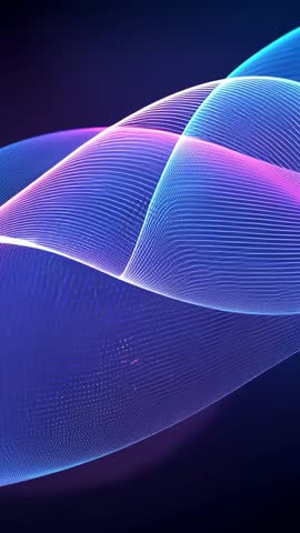 Neon waveform uncoiling vertically with cascading magenta and cyan particles, visualization