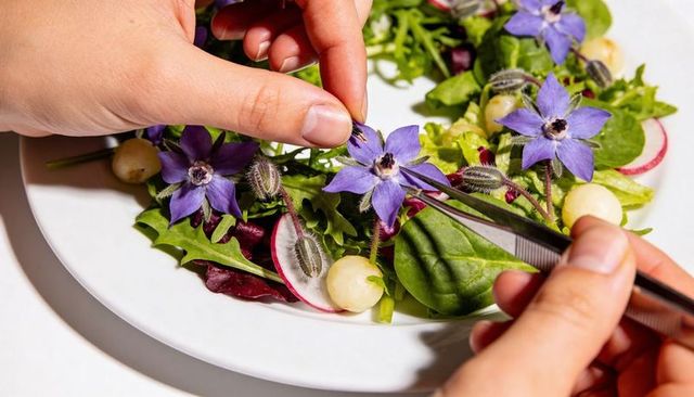 Chef plating edible borage flowers on mixed green salad with radish and melon balls