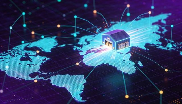 Digital data center hub sending neon connections across global network map