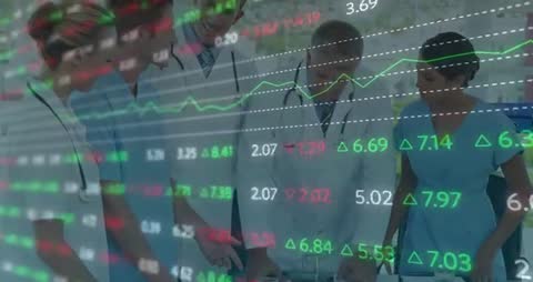 Healthcare Team Analyzing Data with Financial Technology Overlay