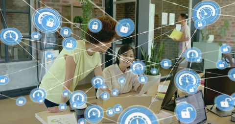 Digital network connections with diverse female colleagues in modern office