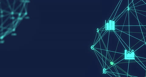 Abstract Digital Network with Financial Symbols Over Blue Background