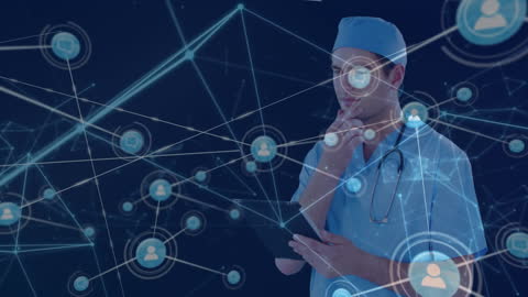 Thoughtful Doctor Using Tablet Amidst Digital Network Connections