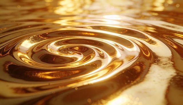 Swirling glossy gold liquid concentric spiral with metallic reflections and microbubbles