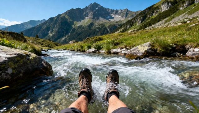 First-person hiker wading in alpine stream with mountain peaks and green meadow