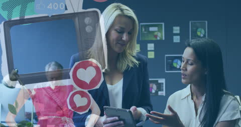 Media Icons and Teamwork in Modern Office Setting