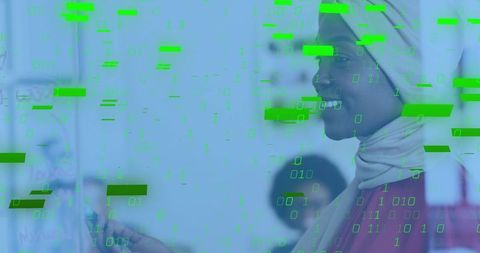 Pointing hijab-clad woman presenting tech ideas with binary data overlay