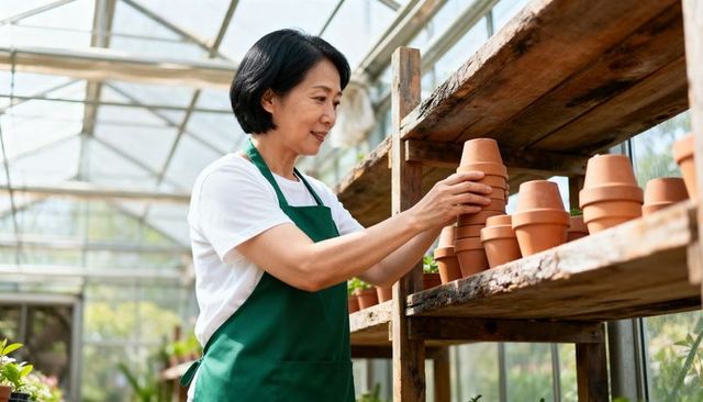 Senior gardener organizing terracotta pots on rustic wood shelving in sunlit greenhouse