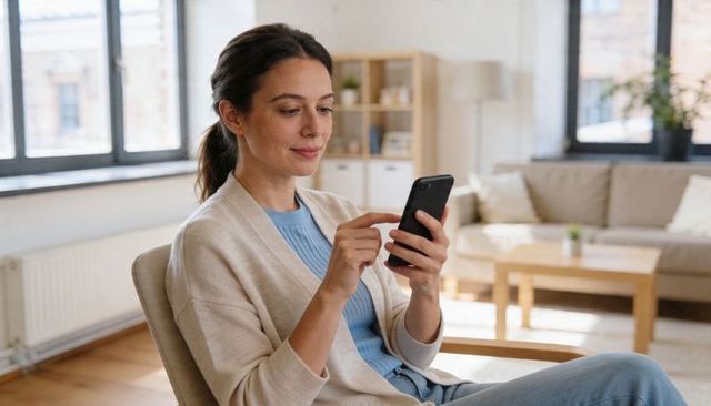 Woman scrolling smartphone in bright minimalist living room, relaxed at-home lifestyle
