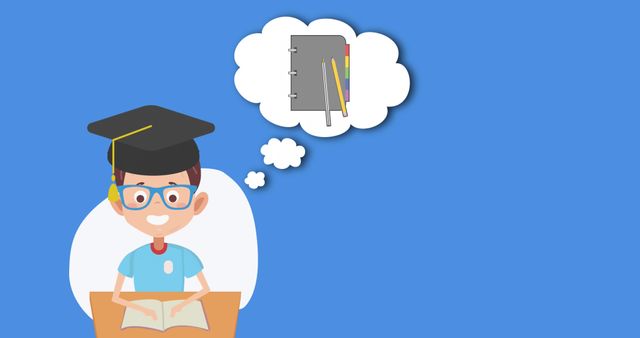 Image of schoolboy in graduation hat with speech bubble on blue background. education, learning and knowledge concept digitally generated image.