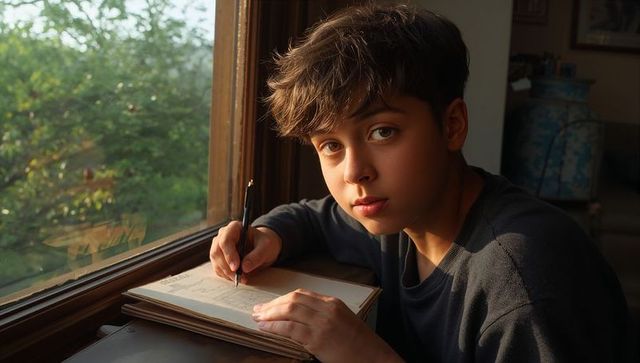 Teen writing by sunlit window holding pen and journal looking at camera in quiet study