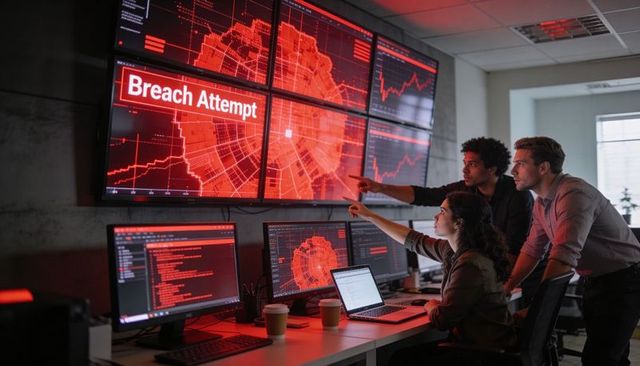 Security operations team detecting breach attempt on multimonitor red alert wall