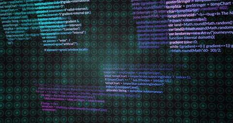 Glowing JavaScript Code Floating over Concentric Circular Grid Neon Cyber Interface Data
