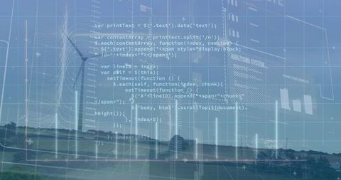 Wind turbines with futuristic code overlay for tech and innovation