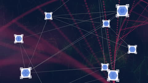Digital Network Animation with DNA Icons on Purple Background
