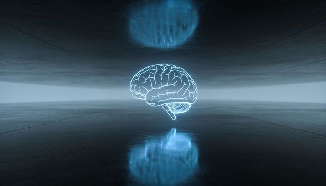 Neon brain hologram floating in futuristic reflective corridor with symmetric digital glow