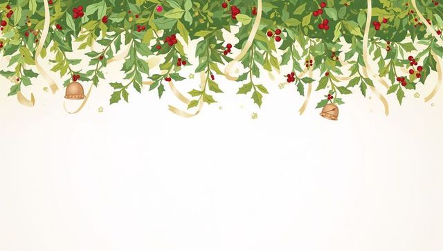 Holly garland adorning cream greeting card with red berries gold ribbons and jingle bells