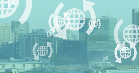 Global networking technology overlay on vibrant cityscape