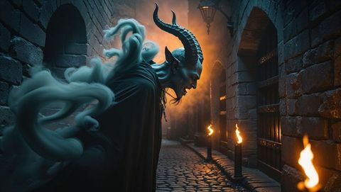 Horned demon creeping through medieval corridor with mist