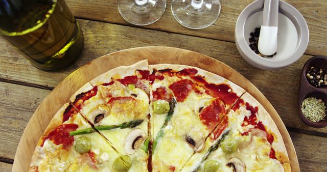 Top View of Italian Pizza with Wine Glasses on Rustic Wooden Table - Download Free Stock Images Pikwizard.com