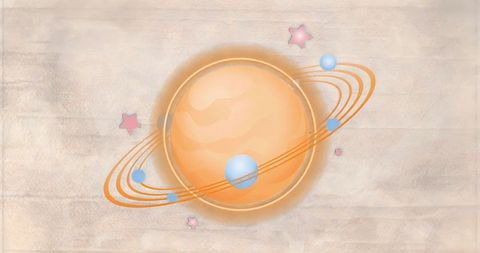 Glowing Orange Ringed Planet with Pastel Blue Moons and Pink Stars on Parchment Background