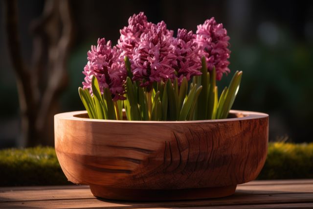 Purple flowers in wooden planter in sunny garden, created using generative ai technology. Flowers, plants, growth, spring, nature and gardening concept digitally generated image.
