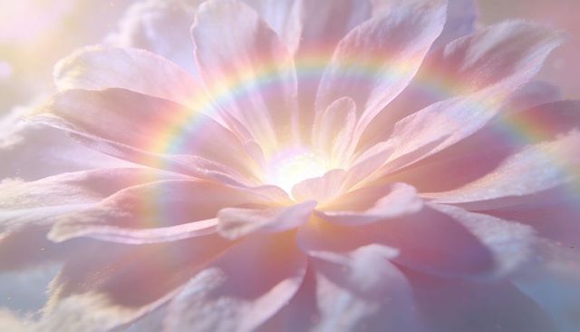 Glowing Pale Pink Bloom Revealing Layered Petals and Rainbow Light Luminous Macro