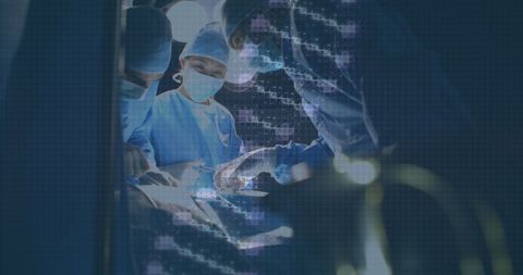 Medical team with dna strand hologram during surgery