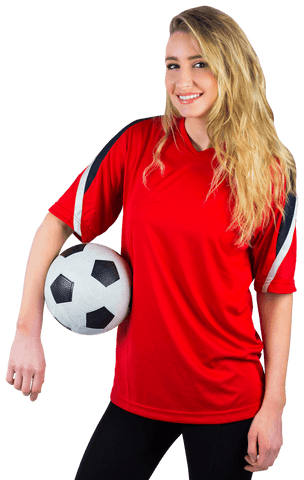 Attractive Woman Holding Soccer Ball Wearing Red Jersey on Transparent Background