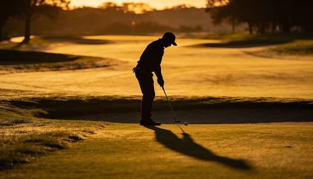 Silhouetted golfer lining up putt at golden hour on serene golf course with long shadow