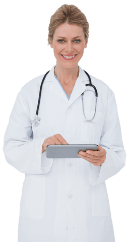 blonde doctor holding tablet and smiling on transparent background - Download Free Stock Videos Pikwizard.com