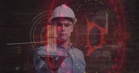 Engineer holding holographic 3d building while projecting augmented reality hud interface