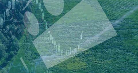 Agricultural landscape with financial data overlay reflecting investment concerns
