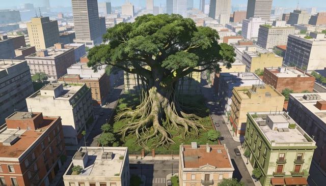 Towering ancient urban tree casting wide canopy and roots across fenced city block park