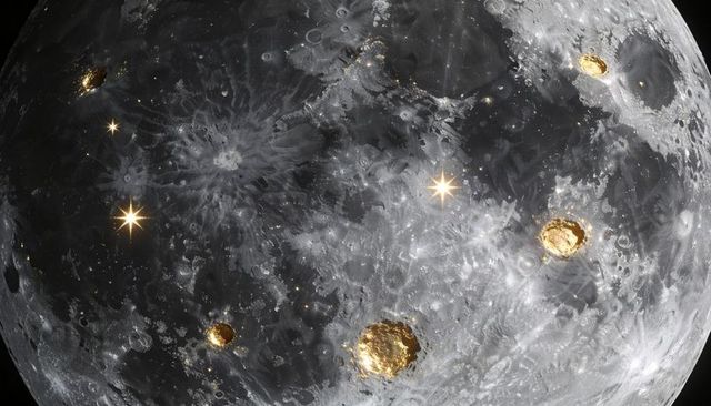 Lunar surface revealing gold-infused craters, bright star flares and detailed regolith