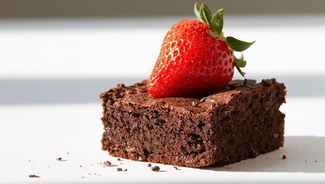 Square Chocolate Brownie Featuring Glossy Fresh Strawberry and Crumb Texture