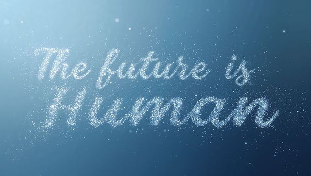 Glittering stardust script 'Future Human' on blue gradient, luminous ethereal minimal