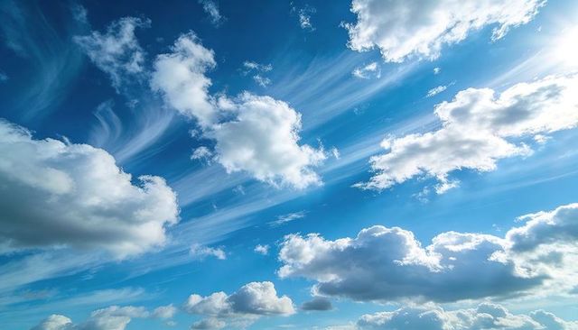 Sunlight highlighting sweeping cirrus streaks and fluffy cumulus across azure sky horizon